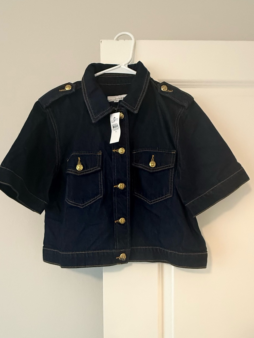 LOFT Black Short-Sleeve Jean Jacket with Gold Buttons - Picture 3 of 14